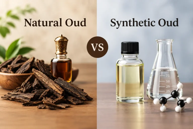 Natural Oud vs Synthetic Oud comparison with oud wood, fragrance oil, and laboratory bottle