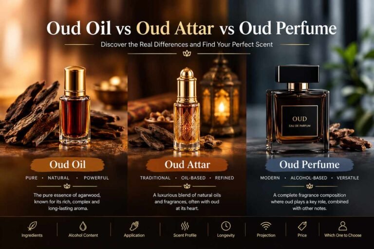 Oud Oil vs Oud Attar vs Oud Perfume comparison showing three fragrance types and their key differences