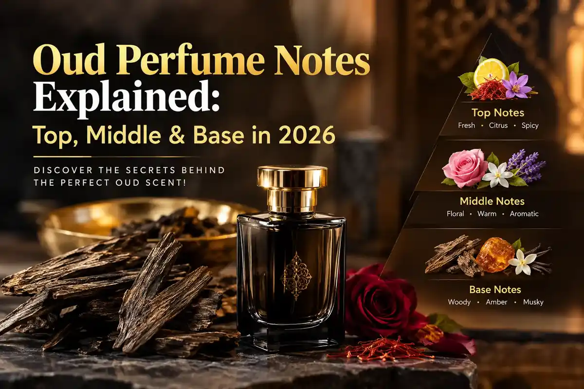 Oud perfume notes explained with top, middle, and base fragrance notes