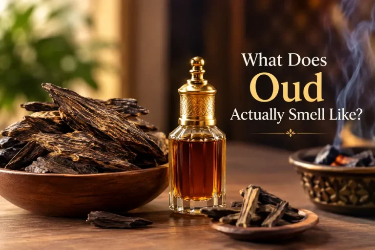 What Does Oud Actually Smell Like? Oud wood, oud oil, and burning incense showing the rich aroma of natural oud.