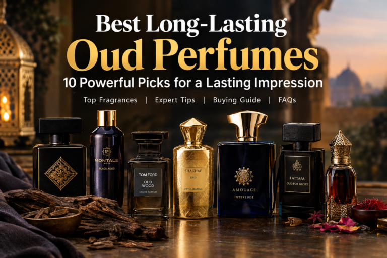 Best Long-Lasting Oud Perfumes featuring luxury oud fragrance bottles, rich woody notes, and elegant Arabian-inspired presentation. Copy alt text