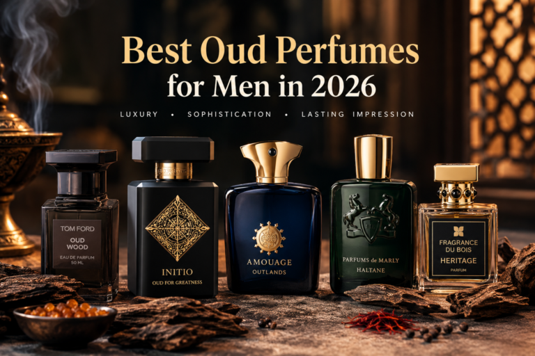 Best Oud Perfumes for Men in 2026 featuring luxury oud fragrance bottles with oud wood, amber, and warm incense.