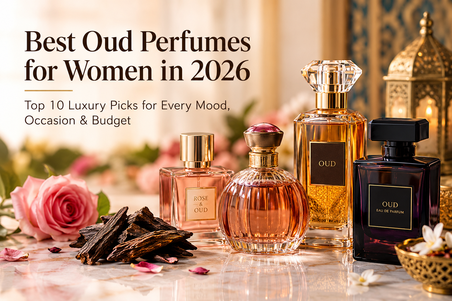 Best Oud Perfumes for Women in 2026 featuring luxurious oud perfume bottles, rose flowers, and warm golden accents