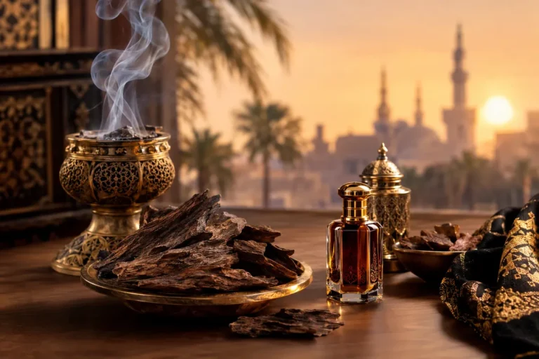 The History of Oud in Arabian Perfumery featuring traditional oud wood, incense burner, and luxurious perfume oil