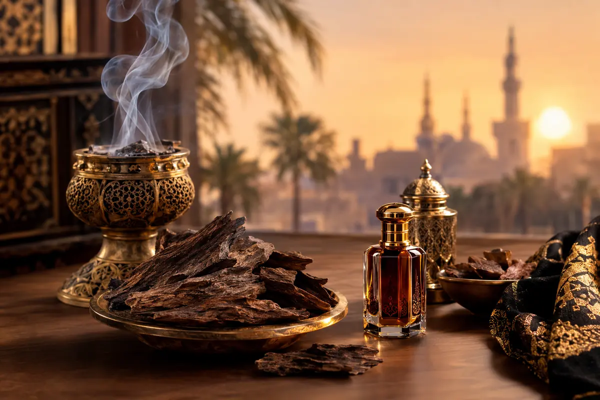 The History of Oud in Arabian Perfumery featuring traditional oud wood, incense burner, and luxurious perfume oil